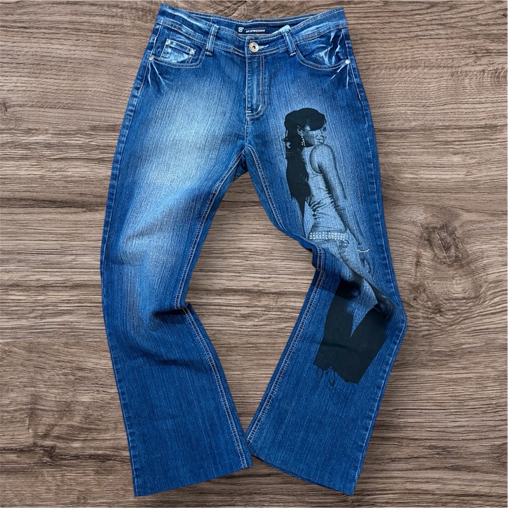 Blue Graphic Women's Flare Jeans Y2K
